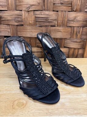 BCBGMaxAzria Black Strappy Crystal-Embellished High Heel Sandals